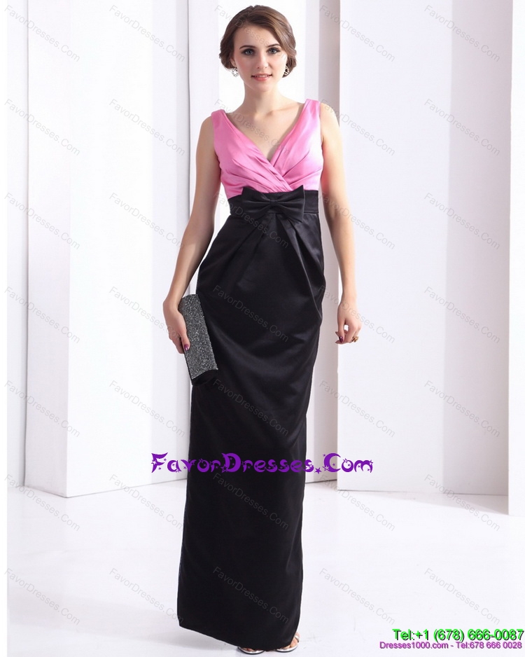 2015 Elegnat and Cheap V Neck Long Prom Dress with Bowknot and Ruching