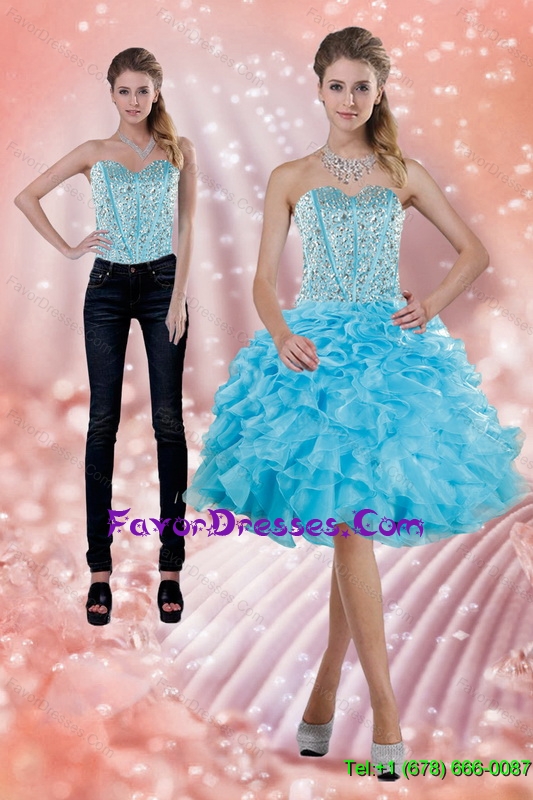 2015 Detachable Baby Blue Prom Dress with Beading and Ruffles