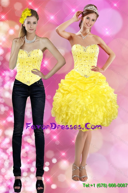Detachable 2015 Sweetheart Yellow Prom Dress with Beading and Ruffles