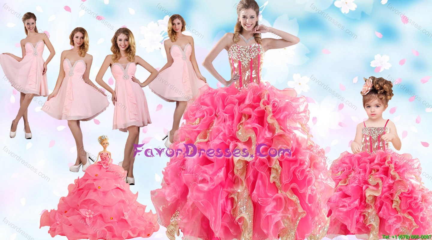Multi Color Floor Length Ruffles Quinceanera Dress and Baby Pink Short Beading Dama Dresses and Floor Length Multi Color Litter Girl Dress