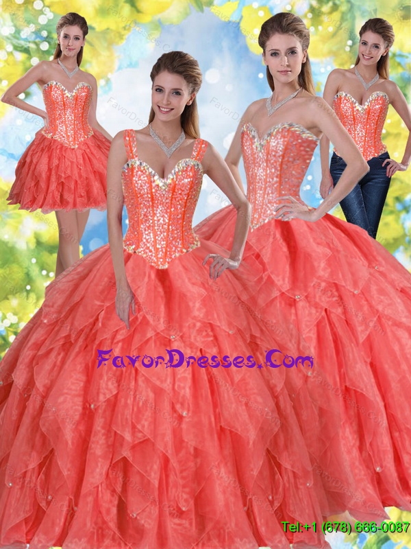Pretty Beading and Ruffles Quinceanera Dresses in Coral Red
