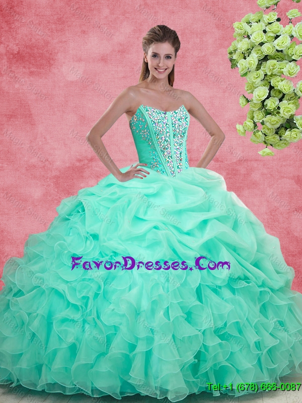 2016 Luxurious Apple Green Quinceanera Gowns with Beading and Ruffles