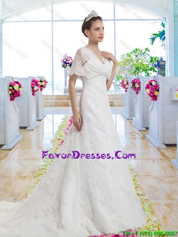 Best Selling V Neck Wedding Gowns with Short Sleeves for 2016