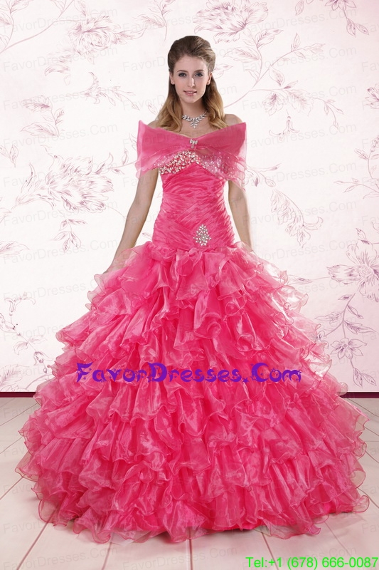 2015 Elegant Sweetheart Hot Pink Quinceanera Dresses with Sequins and Ruffles