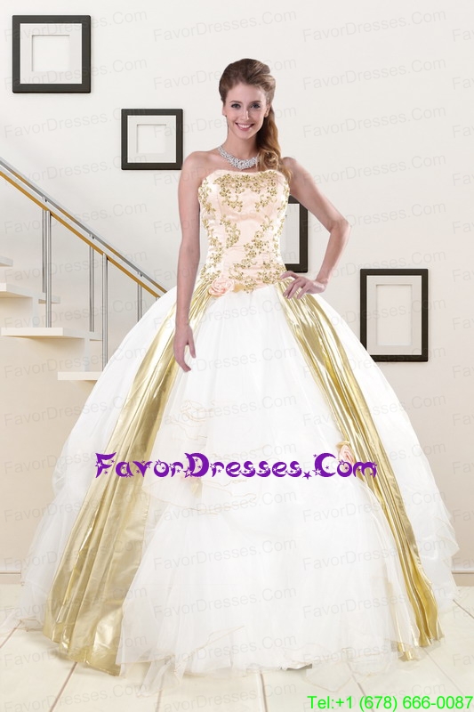 Gorgeous Strapless White 2015 Quinceanera Dresses with Appliques