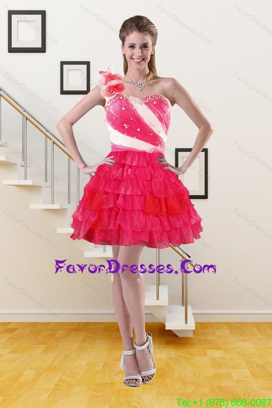 2015 One Shoulder Prom Gown with Ruffled Layers and Hand Made Flower
