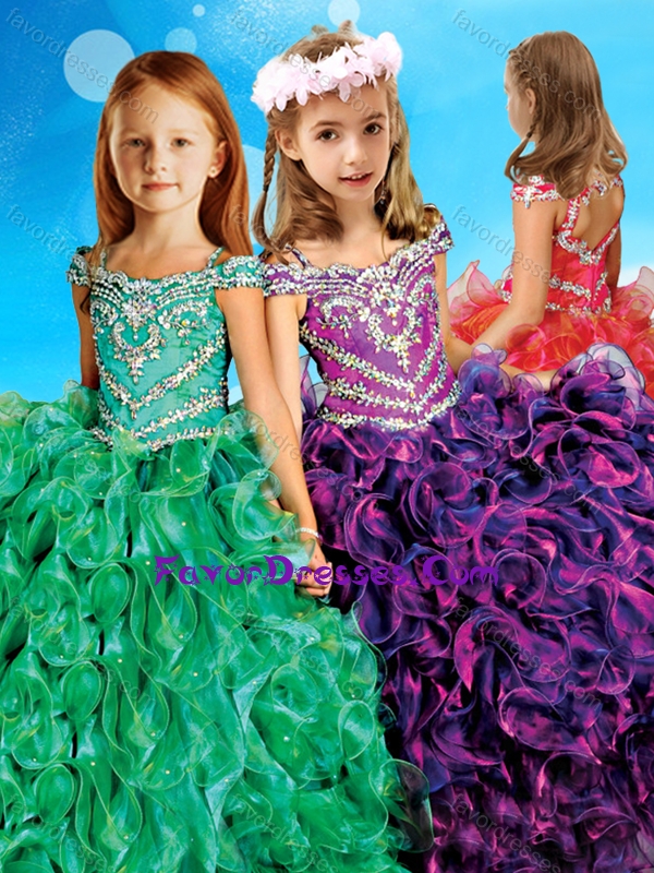 Exclusive Spaghetti Straps Cap Sleeves Lovely Girl Pageant Dress with Beading and Ruffles