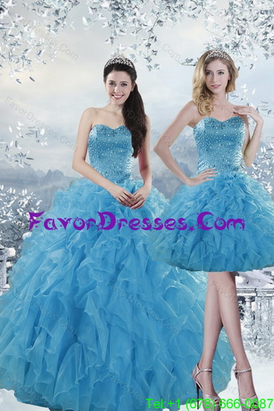 2015 Designer Fashionable Baby Blue Dresses for Quince with Beading and Ruffles