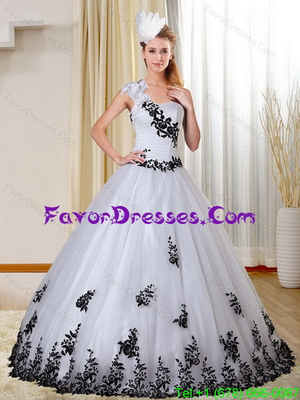 Cheap One Shoulder White and Black Quinceanera Dress with Appliques for 2015