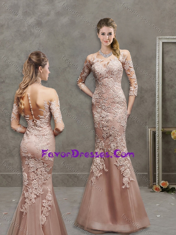 See Through Scoop Mermaid Peach Evening Dress in Lace and Tulle
