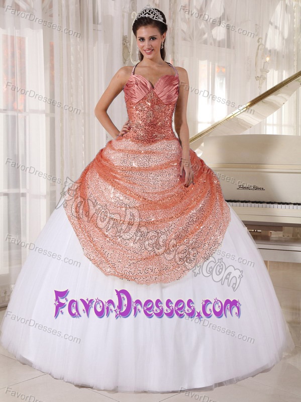 Affordable Spaghetti Straps Quinceaneras Dresses in Rust Red and White