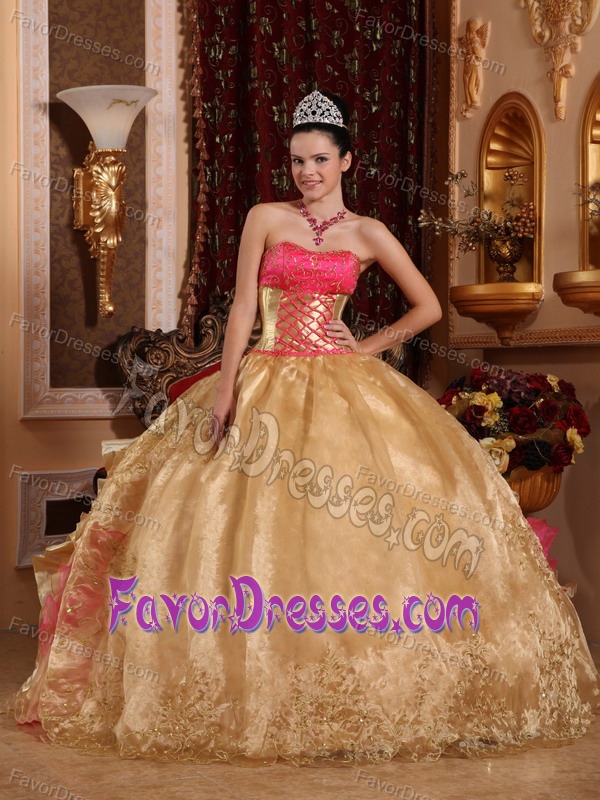 Inexpensive Gold Strapless Quinces Dresses in Organza with Embroidery