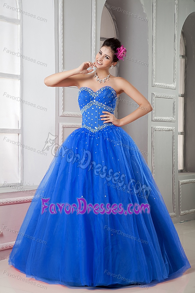 Nice Blue Sweetheart Dresses for a Quince in Tulle with Beading to Floor