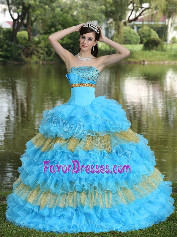 Wanted Beaded Organza Dress for Quinceaneras in Aqua Blue and Yellow