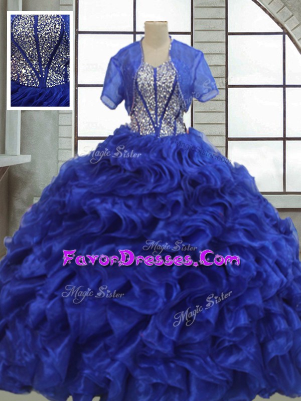 New Style Royal Blue Short Sleeves Organza Lace Up Quinceanera Dress for Military Ball and Sweet 16 and Quinceanera