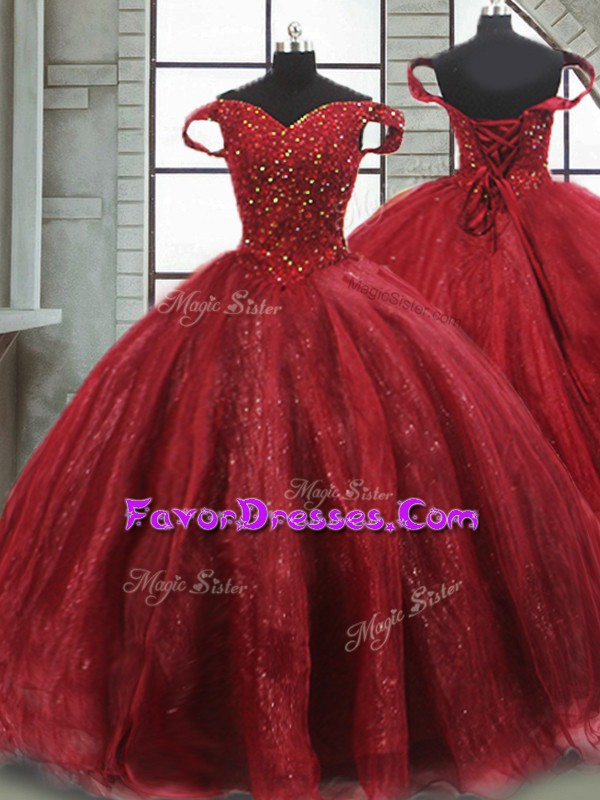 Beautiful Wine Red Off The Shoulder Neckline Beading Sweet 16 Quinceanera Dress Sleeveless Lace Up