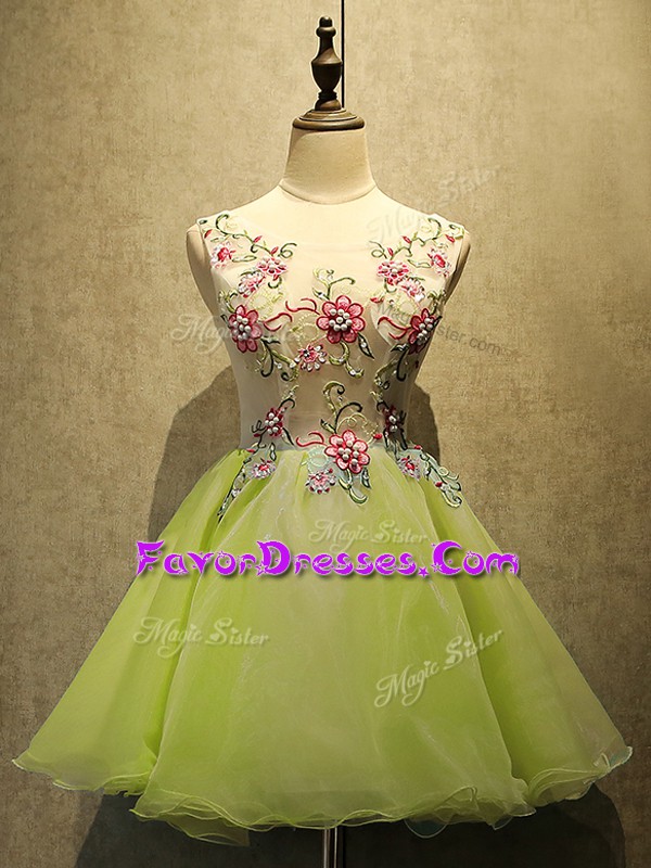  Olive Green A-line Organza Scoop Sleeveless Embroidery Mini Length Lace Up Prom Dress