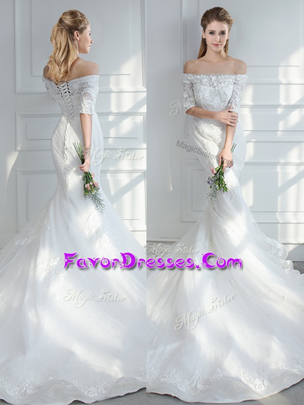Modern White Off The Shoulder Neckline Lace and Appliques Wedding Gown Half Sleeves Lace Up