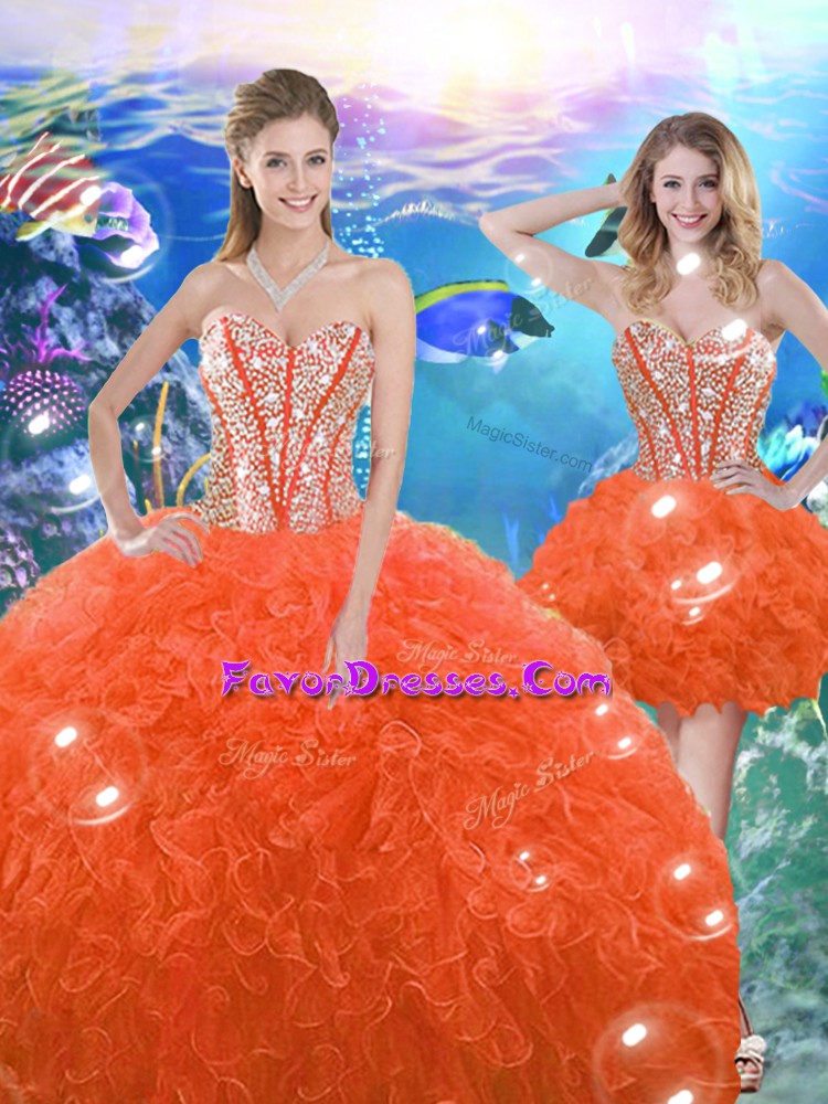 Fashion Floor Length Lace Up Sweet 16 Dresses Orange Red for Military Ball and Sweet 16 and Quinceanera with Beading and Ruffles