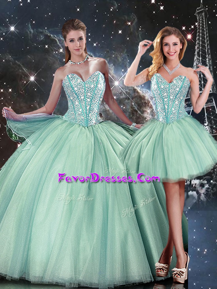 Custom Designed Floor Length Lace Up Vestidos de Quinceanera Turquoise for Military Ball and Sweet 16 and Quinceanera with Beading