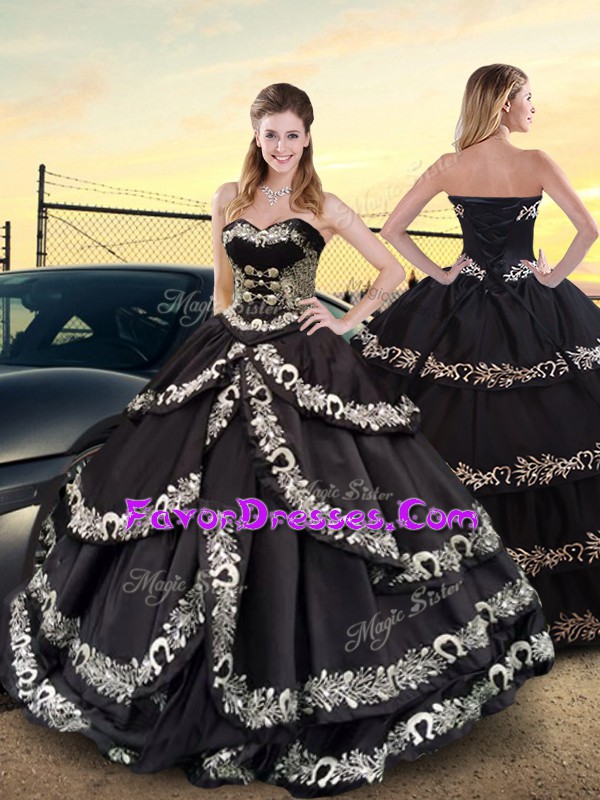 Luxurious Floor Length Black 15th Birthday Dress Sweetheart Sleeveless Lace Up