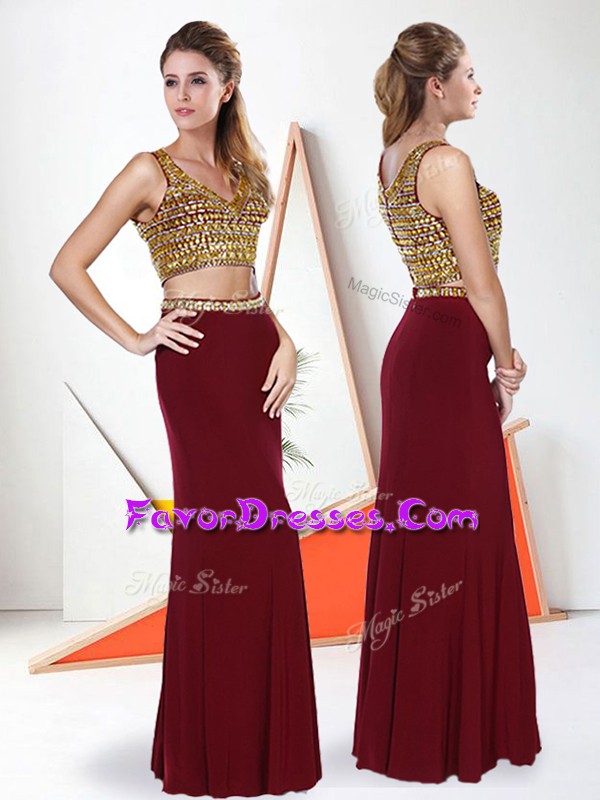  Burgundy Two Pieces Chiffon V-neck Sleeveless Beading Floor Length Zipper Prom Evening Gown