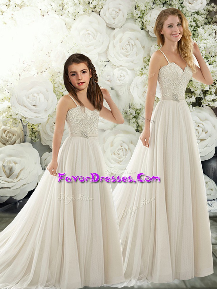  Chiffon Sleeveless Wedding Gowns Sweep Train and Beading and Lace