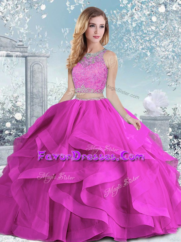 Discount Fuchsia Ball Gown Prom Dress Military Ball and Sweet 16 and Quinceanera with Beading and Ruffles Scoop Sleeveless Clasp Handle