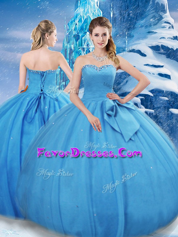 Sophisticated Floor Length Lace Up Sweet 16 Dress Baby Blue for Military Ball and Sweet 16 and Quinceanera with Bowknot