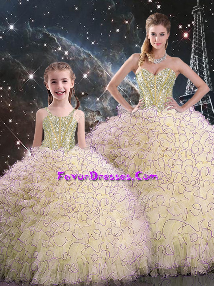 Hot Sale Sleeveless Floor Length Beading and Ruffles Lace Up Sweet 16 Dress with Light Yellow
