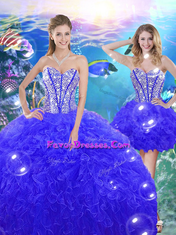 Charming Organza Sweetheart Sleeveless Lace Up Beading and Ruffles Vestidos de Quinceanera in Blue