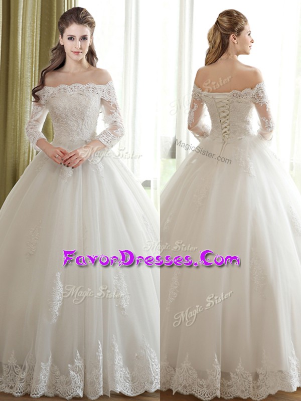 Cute 3 4 Length Sleeve Lace Up Floor Length Lace and Appliques Bridal Gown