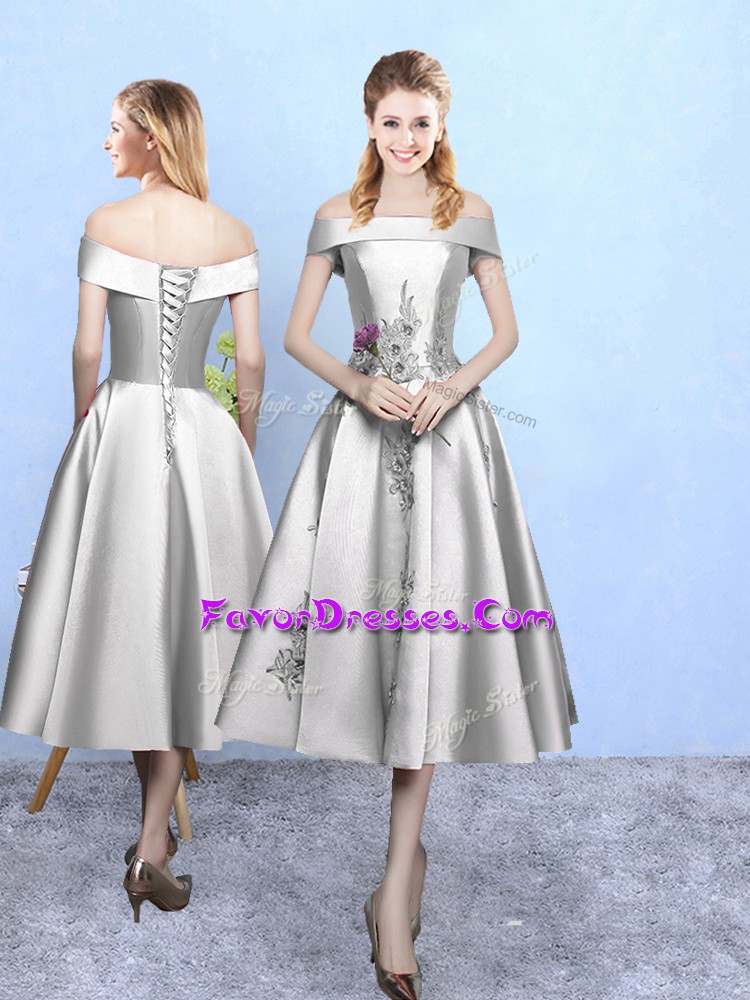  Silver A-line Off The Shoulder Sleeveless Taffeta Tea Length Lace Up Appliques Bridesmaids Dress