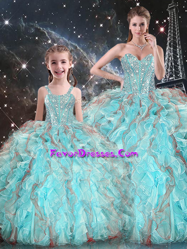Dramatic Organza Sweetheart Sleeveless Lace Up Beading and Ruffles Quince Ball Gowns in Aqua Blue