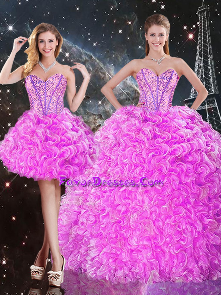  Three Pieces Quince Ball Gowns Fuchsia Sweetheart Organza Sleeveless Floor Length Lace Up