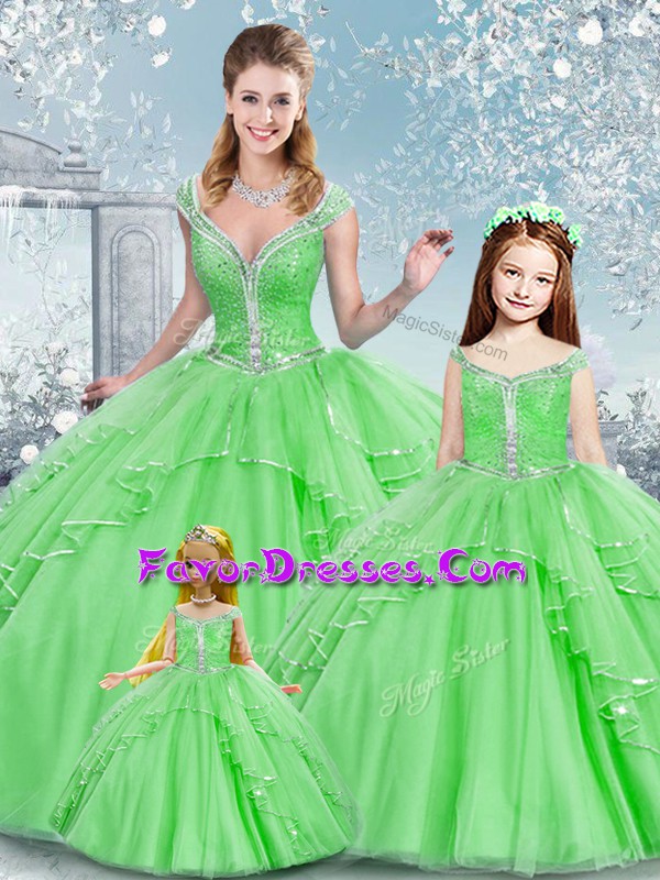 Custom Fit Tulle Lace Up V-neck Sleeveless Floor Length Sweet 16 Dress Sashes ribbons and Sequins