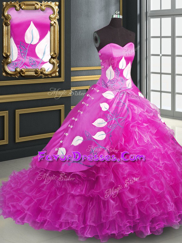  Fuchsia Ball Gowns Organza Sweetheart Sleeveless Embroidery and Ruffles Lace Up Sweet 16 Quinceanera Dress Brush Train