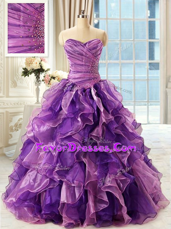 Pretty Organza Sweetheart Sleeveless Lace Up Beading and Ruffles Vestidos de Quinceanera in Eggplant Purple