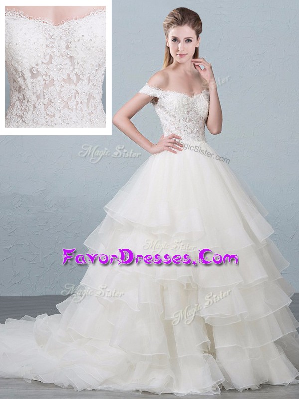  Sleeveless Brush Train Lace and Ruffled Layers Lace Up Wedding Gown