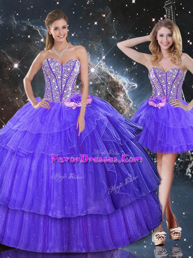 Charming Floor Length Lace Up Quinceanera Dress Purple for Military Ball and Sweet 16 and Quinceanera with Beading and Ruffled Layers