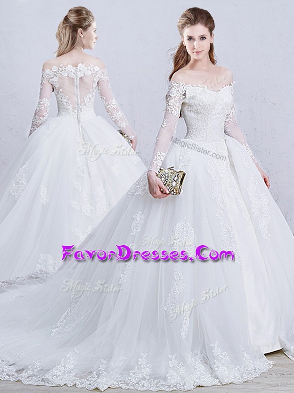 Fantastic White Long Sleeves Brush Train Lace and Appliques Bridal Gown