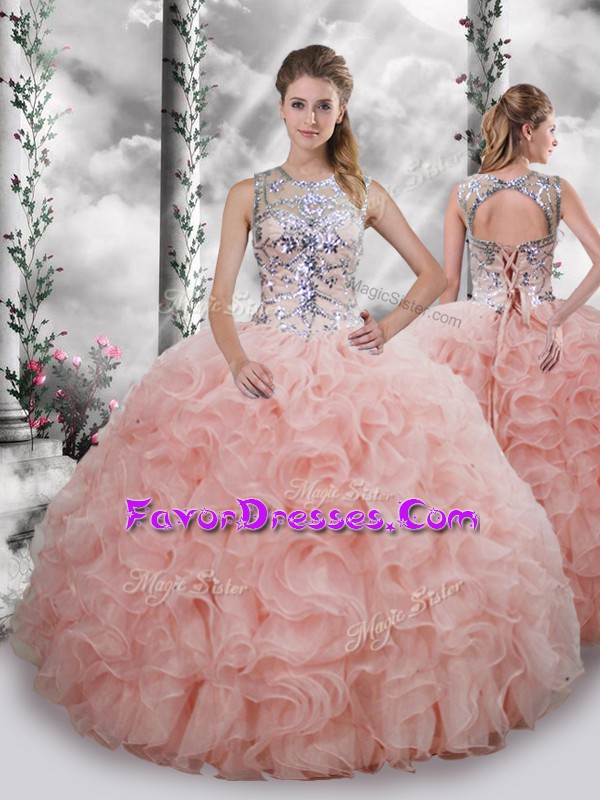 Unique Scoop Sleeveless Organza Quinceanera Dresses Beading and Ruffles Lace Up