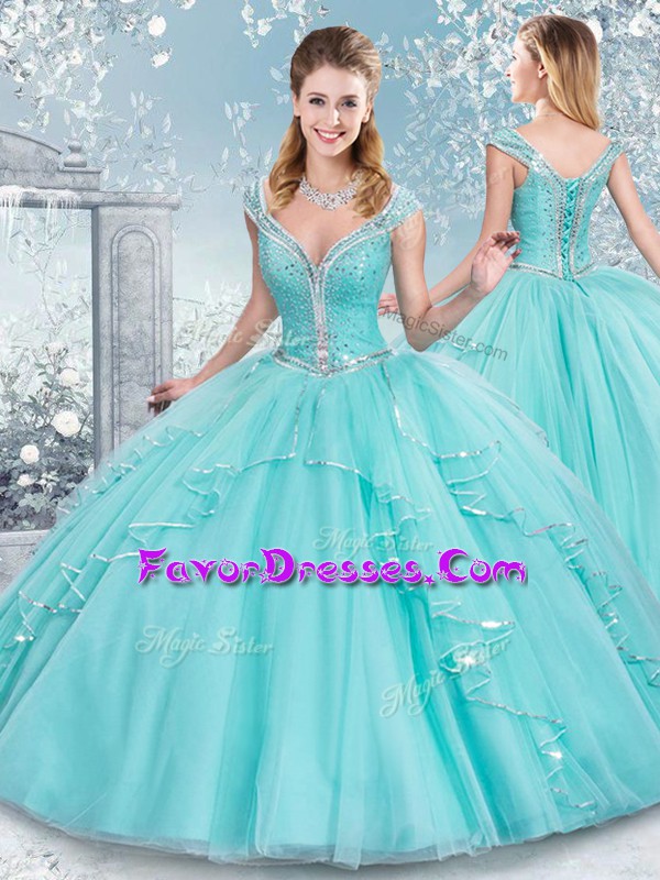  V-neck Sleeveless Ball Gown Prom Dress Floor Length Sashes ribbons Aqua Blue Tulle