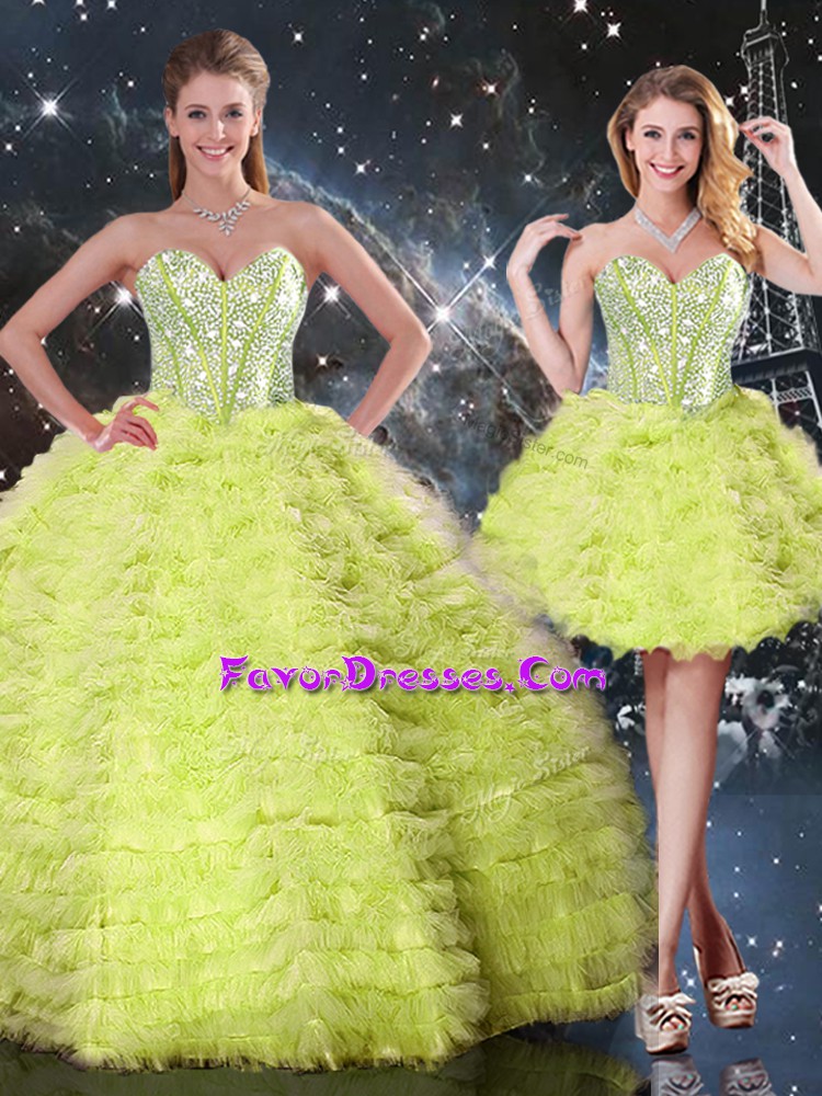  Yellow Green Tulle Lace Up Vestidos de Quinceanera Sleeveless Floor Length Beading and Ruffles