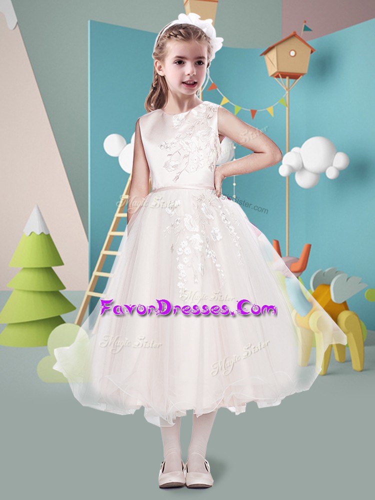 Admirable Sleeveless Organza Tea Length Zipper Flower Girl Dresses in Champagne with Appliques