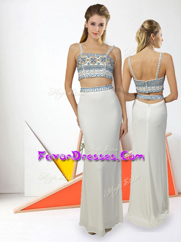 Best Selling White Sleeveless Beading Floor Length Prom Party Dress