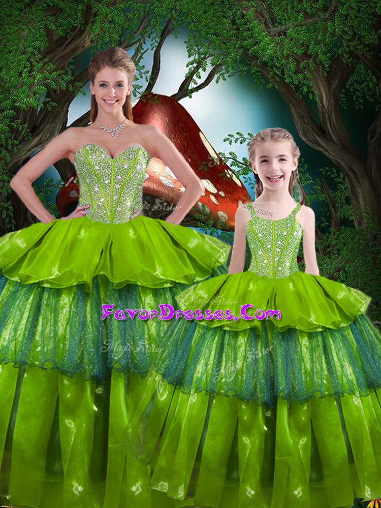  Floor Length Lace Up Vestidos de Quinceanera Olive Green for Military Ball and Sweet 16 and Quinceanera with Beading and Ruffled Layers