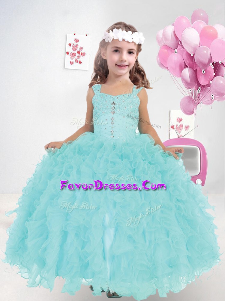  Floor Length Lace Up Glitz Pageant Dress Aqua Blue for Quinceanera and Wedding Party with Beading and Ruffles