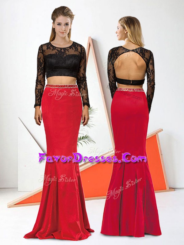 New Arrival Elastic Woven Satin Scoop Long Sleeves Clasp Handle Lace Prom Gown in Red And Black 