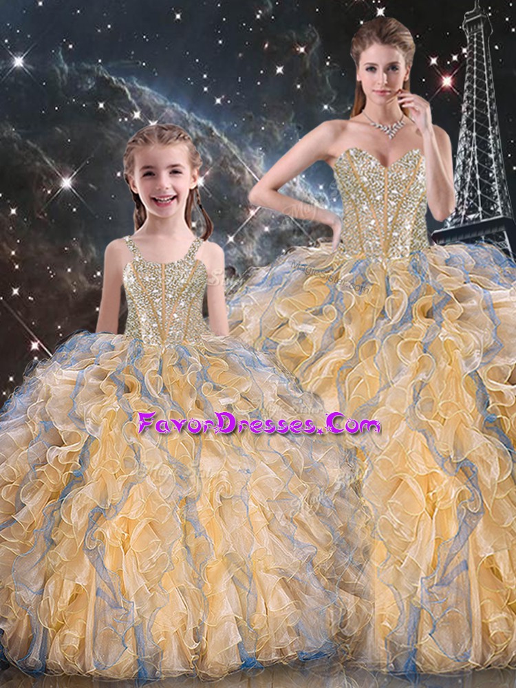 Luxury Gold Lace Up Sweetheart Beading and Ruffles Quince Ball Gowns Organza Sleeveless
